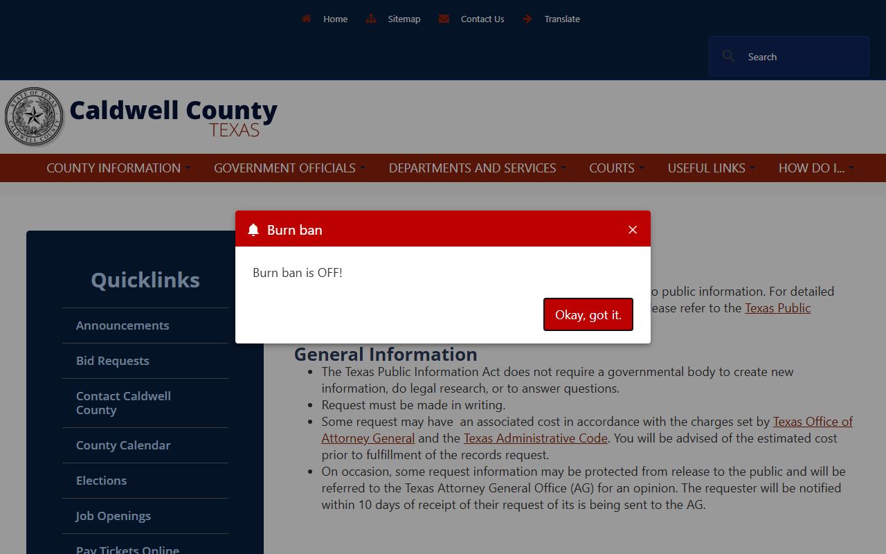Caldwell County inmate records public information request page