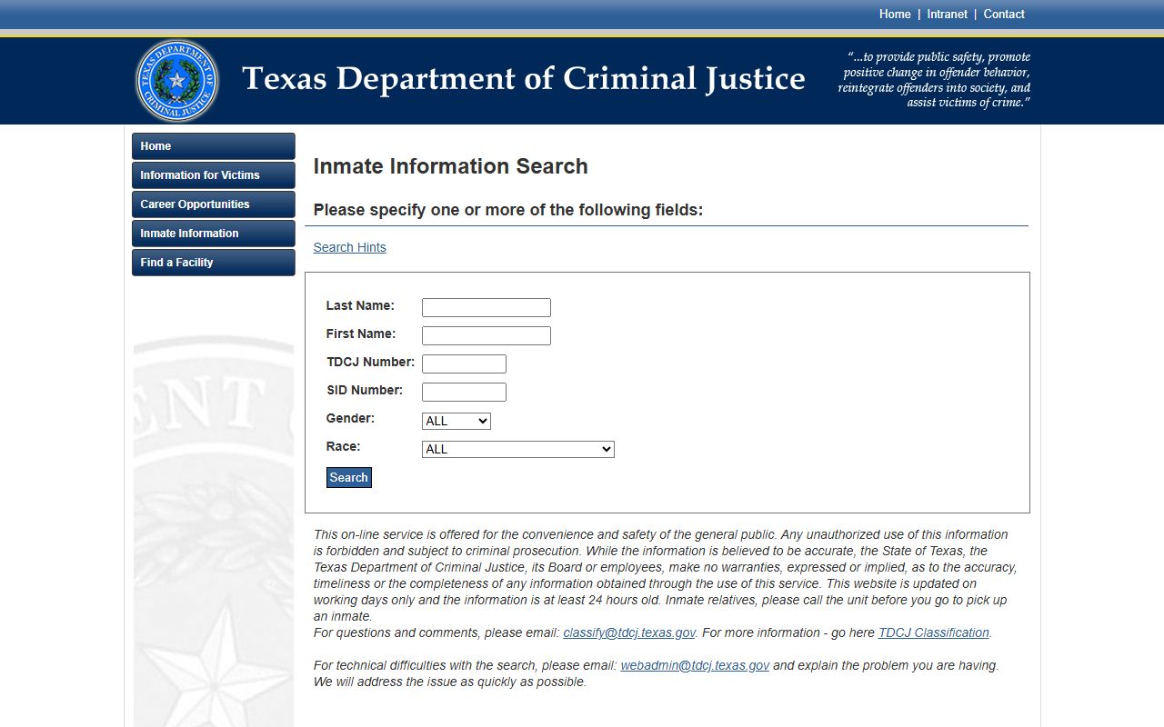 Gregory S. Coleman Unit TDCJ inmate search fields