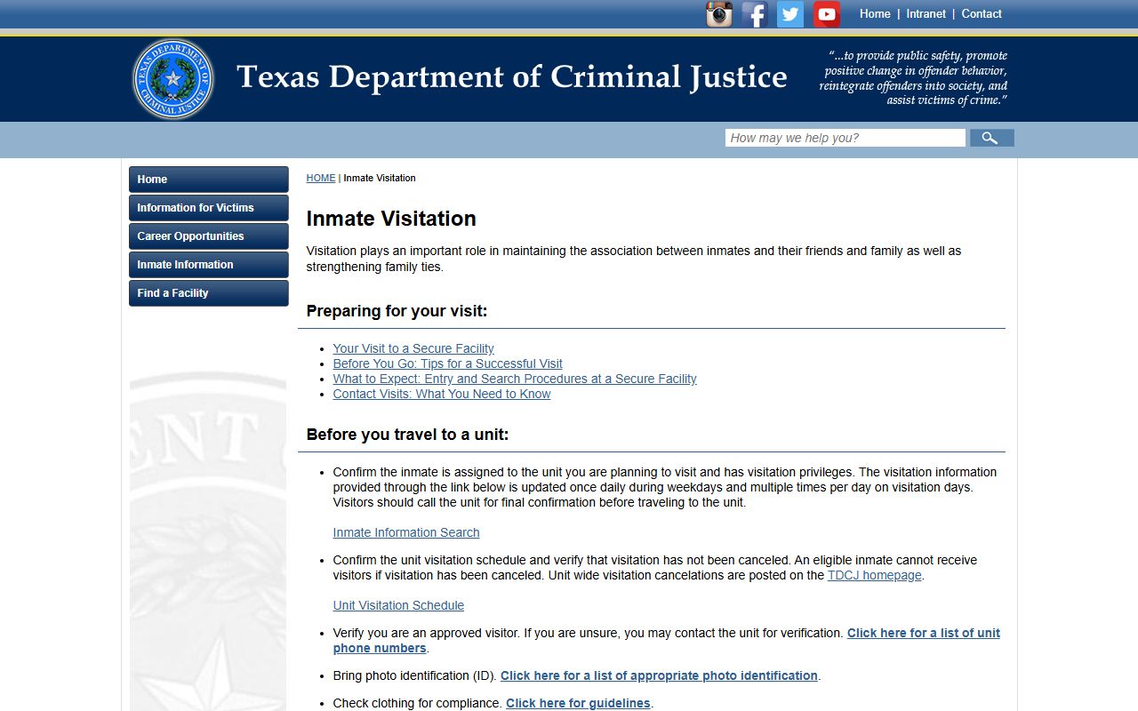 Gregory S. Coleman Unit visitation rules TDCJ
